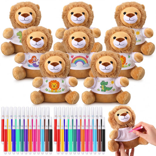 Blueweenly 64 Pcs Make Your Own Stuffed Animal Lion Kit Including 6 Inches Soft Lion Plush with White T Shirt and 12 Colors Pens for Birthday Favors Forest Party Crafting Gifts