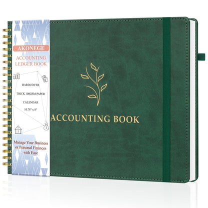 AKONEGE Accounting Ledger Book for Personal & Small Business Bookkeeping, Horizontal Income and Expense Tracker Notebook with Calendar, Hardcover Columnar Log Journal 10.78" x 8", Dark Green
