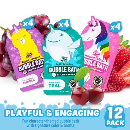 Tub Works® Magical Kids Bubble Bath, Variety 12 Pack | Creates Colorful Water & Tons of Foam Bath Bubbles | Nontoxic | Character-Themed Bubble Bath for Kids | Pink, Purple & Teal Bath Colors