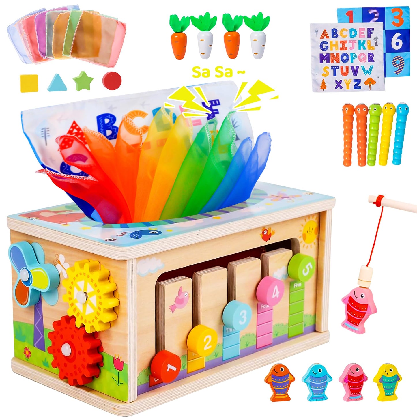 Montessori Baby Wooden Tissue Box Christmas Toy 6-in-1 Sensory Tissue Box Toy for Babies 36+ Months Developmental Toys for Babies, for 36+ Months