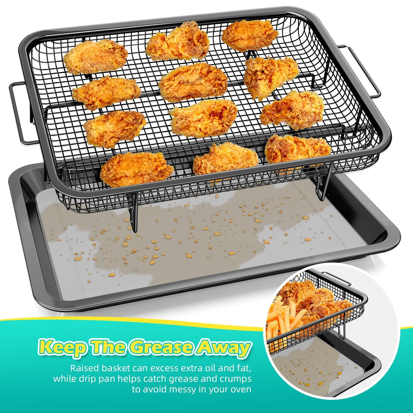 Air Fryer Basket for Oven, OPENICE 15.3" x 11.0" Air Fryer Tray and Pan Set with 30PCS Parchment Papers, Stainless Steel Oven Air Fryer Basket and Tray for Baking Grilling - Black
