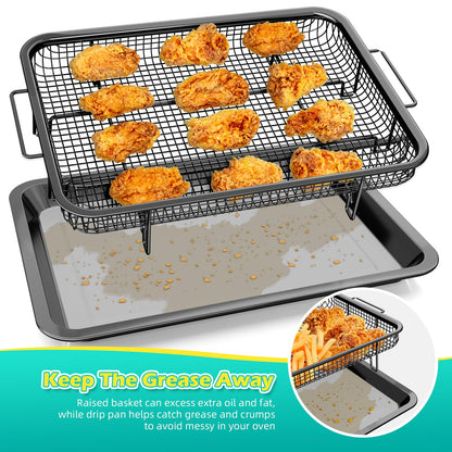 Air Fryer Basket for Oven, OPENICE 15.3" x 11.0" Air Fryer Tray and Pan Set with 30PCS Parchment Papers, Stainless Steel Oven Air Fryer Basket and Tray for Baking Grilling - Black
