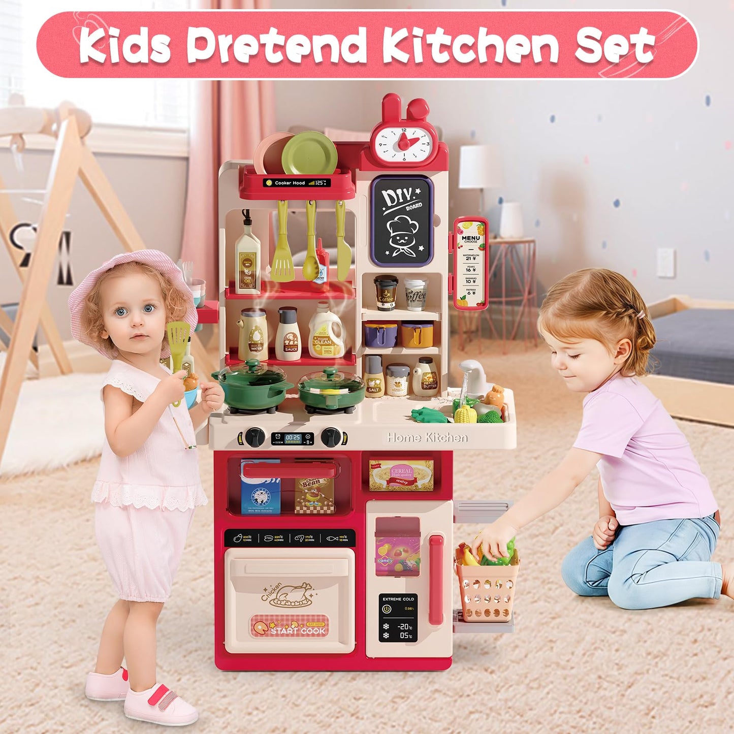 Hitish Kids Kitchen Playset Set, 63PCS Pretend Play Kitchen Toys for Toddlers, Cooking Stove with Steam Sound Light, Play Sink with Manual Faucet, Play Food Accessories Gift for Girls, 33’’H Red