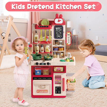 Hitish Kids Kitchen Playset Set, 63PCS Pretend Play Kitchen Toys for Toddlers, Cooking Stove with Steam Sound Light, Play Sink with Manual Faucet, Play Food Accessories Gift for Girls, 33’’H Red