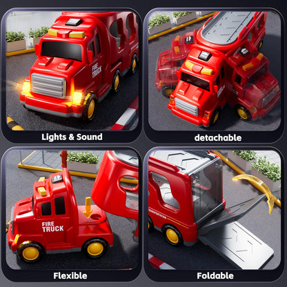 KIZONLY Fire Truck Toys for Toddler 1-3 3-5, 5-in-1 Fire Car Carrier Vehicle Set for Girls 1 2 3 4 5 6 Years Old, Transport Car with Light Sound, Birthdays Gifts for Kids Girls Aged 3-9