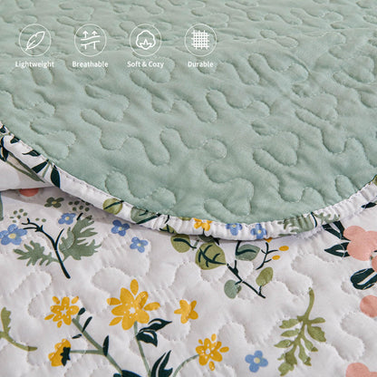 LEAONME 3-Piece Full Queen Size Quilt Set Lightweight Bedspread Coverlet 90''x98'' Garden Style Floral Printed Oversized Bedding Set with Shams for All Season