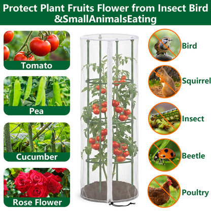 4 Pcs Garden Bird Netting Cover for Round Tomato Cage, 59" x 18" Tomato Trellis Insect Barrier Protection Mesh, Plant Cage Garden Net Cover with Zipper for Vertical Climbing Plants Vegetables Fruits