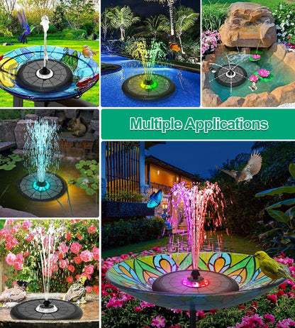 SZMP Powerful 5W Solar Powered Water Fountain for Bird Bath, Upgraded Glass Panel with Colorful Light Show, 7 Nozzles, Anti-Drift Fixer, 2000mAh Battery