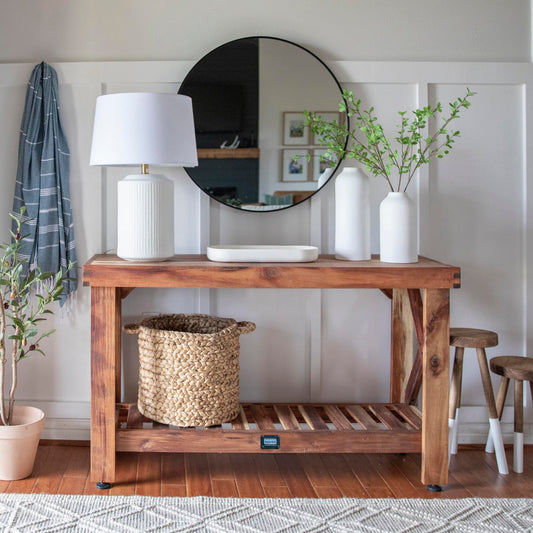 Backyard Discovery 48" Acacia Wood Farmhouse Narrow Console Table with Lower Slat Storage Shelf, Water-Resistant Design for Patio, Deck, Entryway, Living Room, Sofa Table, Indoor or Outdoor Use