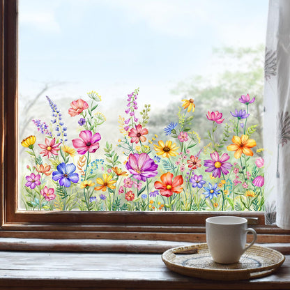 2 Sheets Wildflower Static Window Clings Colorful Spring Summer Floral Window Stickers Double-Sided Anti-Collision Glass Door Mirror Decals