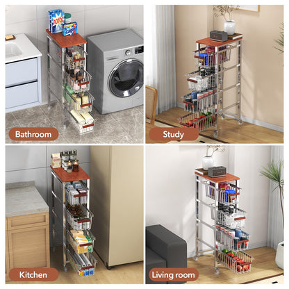 Ultra Slim 5-Tier Rolling Fruit & Vegetable Storage Cart with Removable Drawers, Narrow Metal Kitchen Organizer Cart on Wheels, Fruit Basket Stand & Fruteros para Cocina, Pantry Cart for Storage