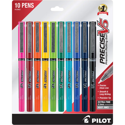 PILOT Precise V5 Stick Liquid Ink Rolling Ball Stick Pens, Extra Fine Point (0.5mm) Assorted Ink Colors, 10-Pack (12562)