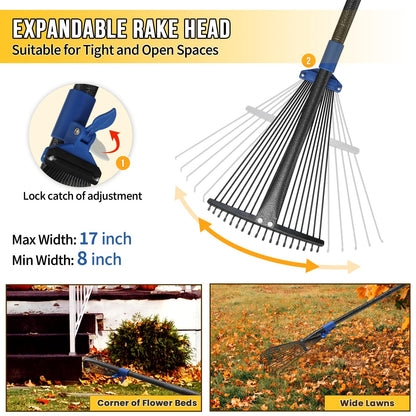 Adjustable Leaf Rake, Heavy Duty Metal Rake for Leaves, Long Handle 30"-75" with Expandable Head 8"-17", Collapsible Small Rakes for Lawns, Gardening, Yard, Camping, Shrub, Grass, Bush, Weed, Debris