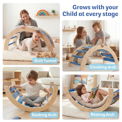 bbgroundgrm 8-in-1 Wooden Climbing Set for Toddlers with Cushion, Foldable Montessori Indoor Climber with Arch, Ramp and Triangle Ladder, Natural Wood Play Gym for Kids 1-3