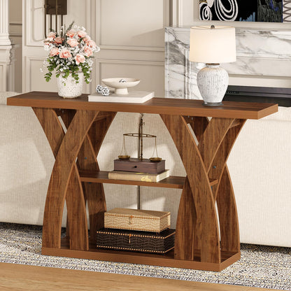 Tarnorci Console Tables, 55-Inches Walnut Console Table with Storage 3-Tier Farmhouse Narrow Entryway Table for Living Room, Hallway, Foyer(Brown)