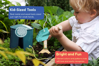 Kinderific Gardening Set, Tool Kit, for Kids, STEM, Includes Tote Bag, Spade, Watering Can, Rake, Fork, Trowel and Gloves (Ocean Blue)