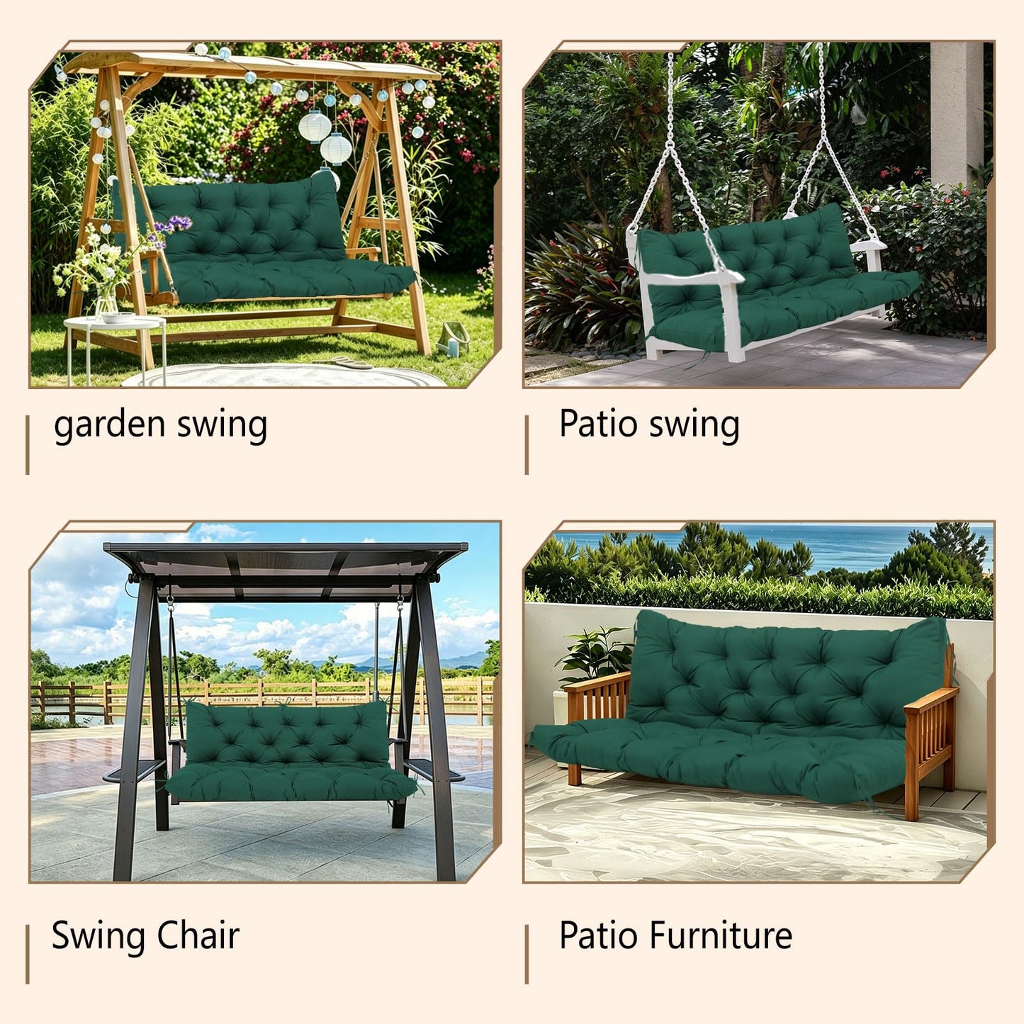 Durable Extra 5" Thick Outdoor Swing Cushions 3 Seater Waterproof Replacement Porch Swing Cushions with Backrest and Ties Fade-Resistant for Outdoor Patio Long Bench Furniture(Dark Green 60×40×5")