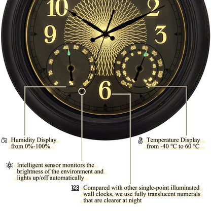 NESIFEE 18 Inch Illuminated Indoor Outdoor Clock Waterproof with Thermometer Hygrometer Smart Sensor Large Black Metal Wall Clocks Battery Operated for Patio, Garden, Living Room, Bedroom, Pool, Porch