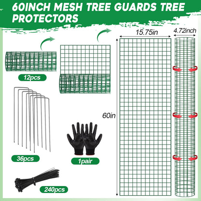 ElaraBerry 12 Pack 60" Metal Tree Trunk Protectors Heavy Duty Mesh Tree Guards Expandable Trunk Protector Guard with Zip Ties, Stakes & Gloves for Saplings, Trees, Gardens and Landscapes