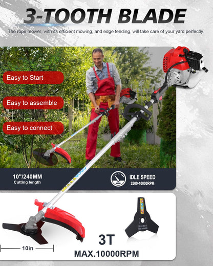 WTHW 52CC Gas Weed Wacker & Weed Eater Multi-Tool - Heavy Duty Brush Cutter, Pole Saw, Hedge Blade, String Line & 40-Inch Extension - Anti-Vibration Design, Fast Cold Starts (Red)