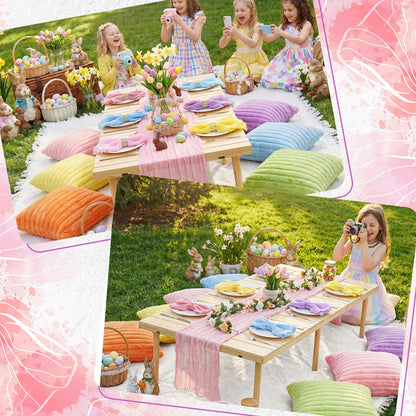 Beeveer 91 x 71 Extra Large Outdoor Boho Picnic Blanket with Pastel Table Runner, 6 Throw Pillow Covers 6 Napkins Woven Cotton Yarn Oversize Beach Blanket Washable Picnic Camp Wedding