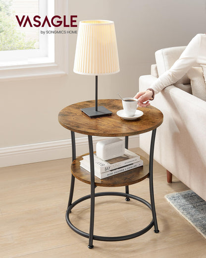 VASAGLE 21.7-Inch Round Side Table, 2-Tier End Table, Nightstand with Steel Frame, Spacious Top, for Small Spaces, Living Room, Bedroom, Rustic Brown and Ink Black ULET56BX