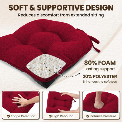 downluxe Indoor Chair Cushions for Dining Chairs, Tufted Overstuffed Textured Kitchen Chair Pads with Ties and Non-Slip Backing, 15.5" x 15.5" x 4", Red, 6 Pack