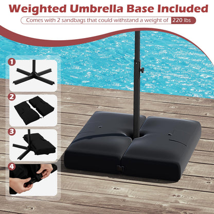 Tangkula 10ft Solar Patio Umbrella with Base Included, Offset Cantilever Outdoor Umbrella with 32 LED Lights, Infinite Tilt, 360 Degree Rotation, Crank Handle for Pool Deck Garden Backyard (Wine)
