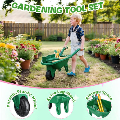 Dutywand Kids Gardening Tools Set with Wheelbarrow, Wooden & Metal Outdoor Gardening Toys for Summer Outdoor Yard Digging & Weeding, Easter Birthday Gifts for Boys Girls Age 3+ Years (Green)