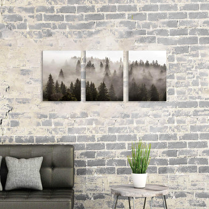 Foggy Forest Picture Wall Art: Landscape Painting Misty Pine Trees Artwork Print on Canvas for Kids Rooms(16"x12"x3pcs)
