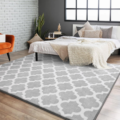 Jelymark Shag Moroccan Area Rug for Living Room, 8x10 Feet Modern Geometric Rug, Fluffy Distressed Faux Wool Floor Carpet, Memory Foam Rug for Bedroom Nursery Kids Room Home Decor, Light Grey/White