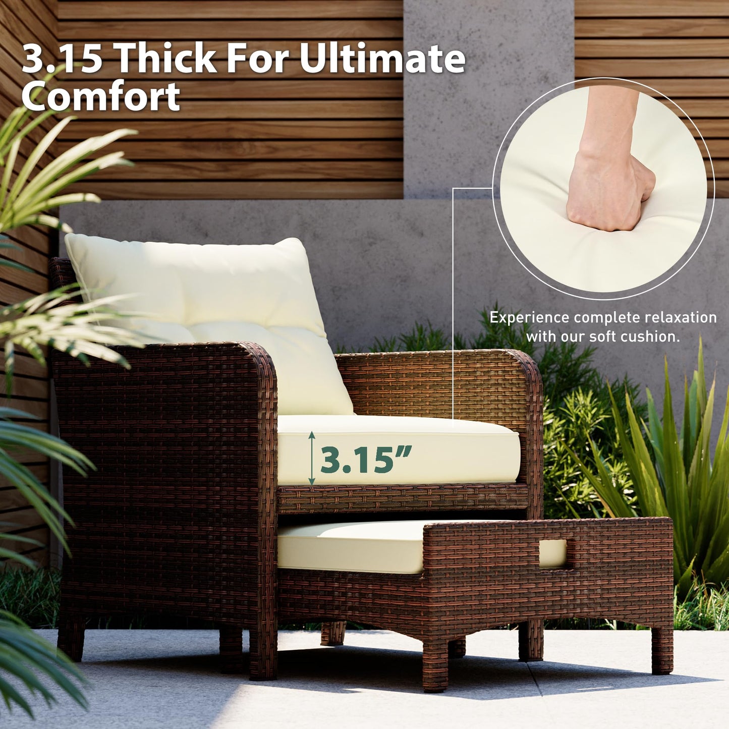 PATIOPIA 5 Piece Patio Furniture Set, All-Weather Patio Furniture with Soft Cushions, PE Wicker Patio Sofa Set with Coffee Table and Ottoman, for Outdoor, Porch, and Balcony (Beige-Brown)
