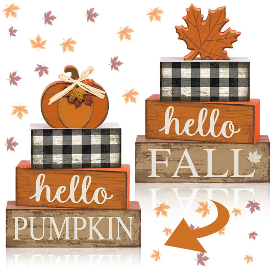 Briwooody 5 Pcs Thanksgiving Table Decor Wooden Reversible Maple Leaves Pumpkin Fall Tiered Tray Decor Thanksgiving Centerpiece Maple Leaves Pumpkin Block Signs Farmhouse Autumn Decoration for Home