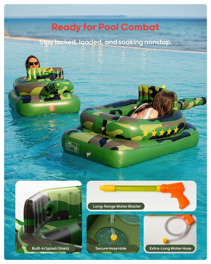 QPAU Inflatable Tank Pool Float for Adults & Kids – Ride-On Camouflage Floaty with Water Cannon, Swim Raft Toy for Boys Girls Ages 6+, Lake Beach Backyard Party Floaties, Green