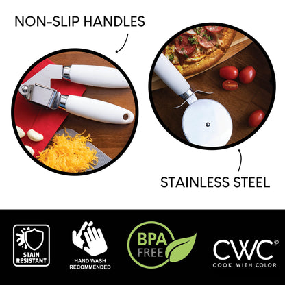 COOK WITH COLOR Kitchen Gadget Set Stainless Steel Utensils with Soft Touch Handles, 7 Pieces, Stainless Steel White