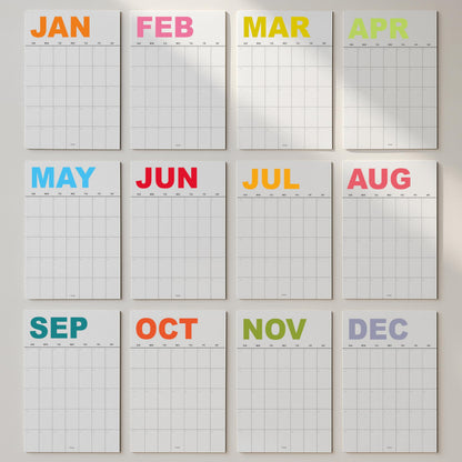Dry Erase Undated Wall Calendar – 12 Color-Coded Monthly Prints, A3 Size (11.7 × 16.5 inches), Premium 400 gsm (14 pt) Thick Bristol Paper, Large 1.7 × 2.5 in Daily Writing Boxes, Glossy Reusable Surface, Flat-Packed, European-Quality Print