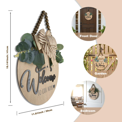 Condorpasea 3D Welcome Sign for Front Door | Home/Farmhouse Porch Décor Wooden Hanging Sign with Artificial Leaves and Rustic Beads | Christmas Classroom |12" Round