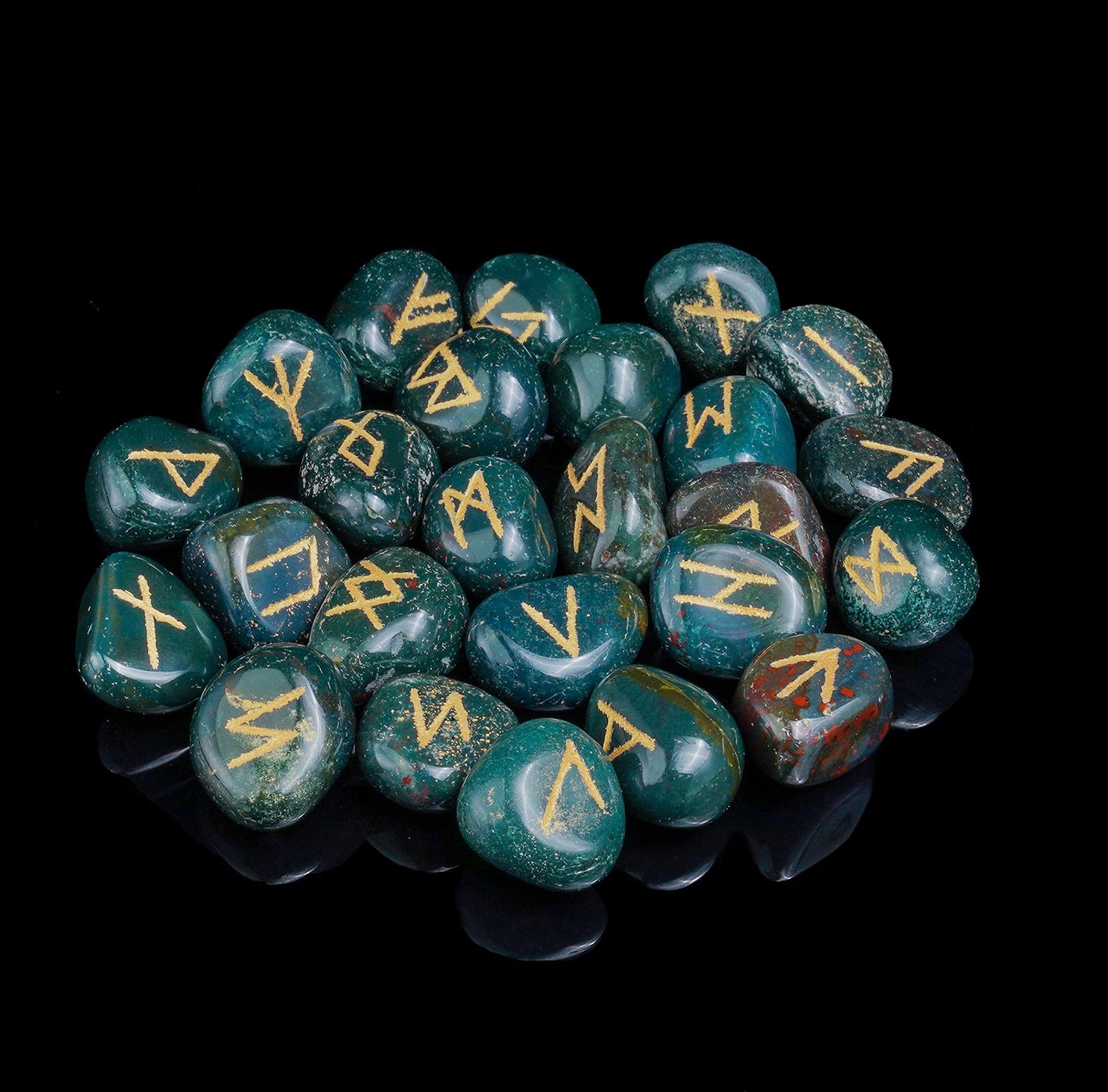 Crocon Green Bloodstone Rune Stones Set Engraved with Elder futhark Crystal Runes Set, Reiki Healing runas for Meditation Chakra Balancing Rune Stone for Beginners with Crystal Guide & Pouch 15-20 mm