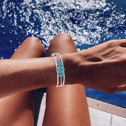 DOLIOX Genuine 3 Turquoise Stone Bracelet, Sterling Silver Boho Adjustable Bangle Cuff Native American Vintage Jewelry for Women, Fit for 6.5 7 7.5 Inches