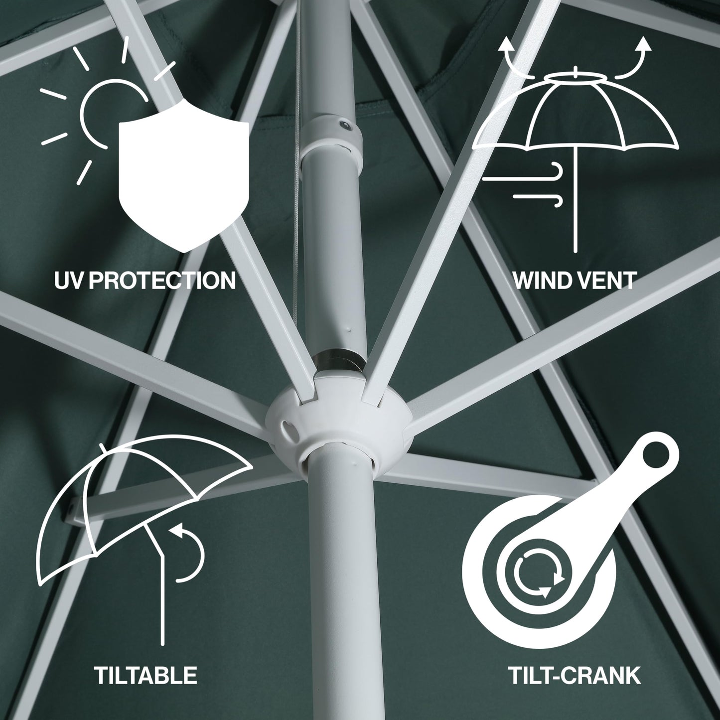 JONATHAN Y UMB1001K Collins 9 ft. Classic Cottage Fringe Tassel Market Patio Umbrella with Auto-Tilt Crank, Wind Vent and UV Protection in Green/Cream, White Pole