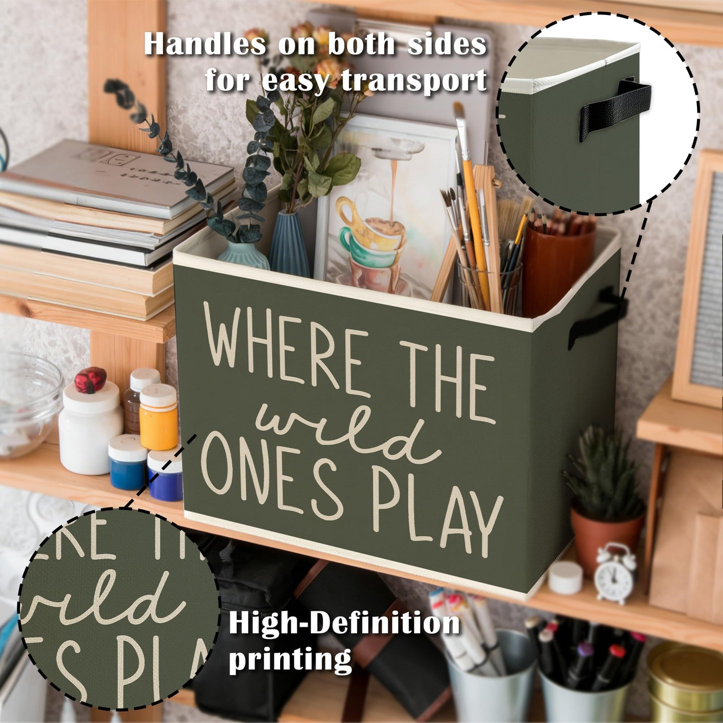 WULQYING Olive Green Boho Classroom Storage Bins Box with Handles, Where the Wild Ones Play Collapsible Basket Organizer for Kids Playroom Nursery Bedroom Bathroom Toys Books Clothes