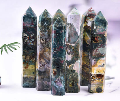 AMOYSTONE Large Ocean Jasper Stone Wand Healing Crystal Obelisk Tower 6 Faceted Column Reiki Chakra Meditation Therapy 2.2-2.6 LBS
