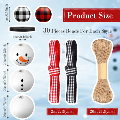 Landical 180 Piece DIY Christmas Snowman Wooden Bead Crafts Christmas DIY Ornaments Red Black Buffalo Plaid Wood Round Bead Xmas Print Wooden Beads with Twine Scarf for Crafts