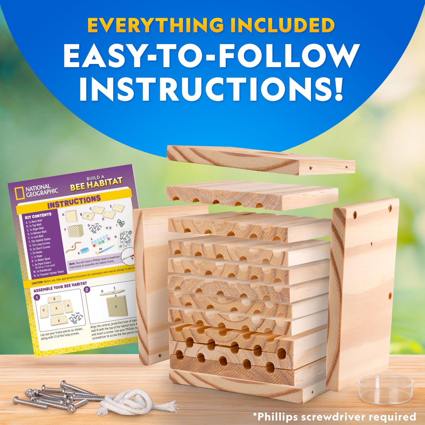 National Geographic Build a Bee Habitat Craft Kit for Kids – Paint & Build a House for Mason Bees, Outdoor Arts & Crafts, Nature Learning Activity, DIY Pollinator Garden Craft, Solitary Bee Hotel