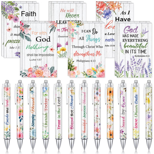 Colarr 12 Sets Christian Bulk Gifts for Women Bible Verse Pens Notebooks Religious VBS Scripture Ballpoint Pens Bookmarks Journal for Easter Sunday School Church Inspirational Supply(Floral)