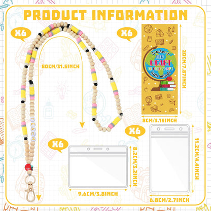 FineCheer 6 Sets Teacher Appreciation Gift Bulk Pencil Teacher Lanyard with ID Holder Back to School Thank You Cards Pencil Style Breakaway Beaded Lanyards for ID Badges Holder Office School Supplies