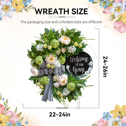 Spring Summer Wreaths for Front Door, Half Circle Summer Wreath with Hydrangea & Peony, Striped Bow & Welcome Sign – 24 Inch Indoor/Outdoor Seasonal, Housewarming & Festive Spring Door Wreath Decor