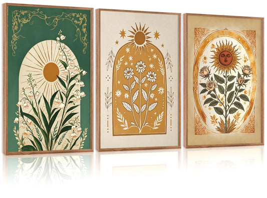 CHDITB Bohemian Sun Floral Framed Canvas Wall Art Set, Mystical Nature Wall Decor, Celestial Sun Art Prints, Vintage India Posters for Wall Modern Art Sunroom Living Room Office Art Prints 24"x36"x3