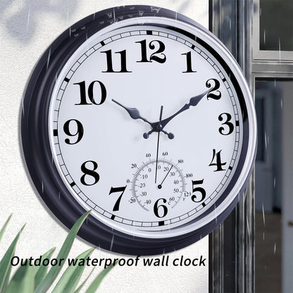 16 Inch Large Outdoor Clock, Retro Waterproof Indoor/Outdoor Clock Non-Ticking Clock with Thermometer, Battery Operated Wall Clock for Patio, Garden, Pool - Black