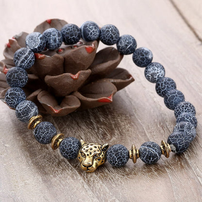 Unisex 8 mm Volcanic Lava Rock Gold Plated Panther Leopard Head Bead Buddha Bracelet Natural Stone Anti-Anxiety Essential Oil Diffuser Energy Balance Stress Relief Reiki Chakra Healing Yoga Meditation